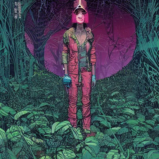 Image similar to stunningly intricate portrait of a single cyberpunk explorer in a lush forest, highly detailed, midnight, by victo ngai and afarin sajedi, moebius, laurie greasley