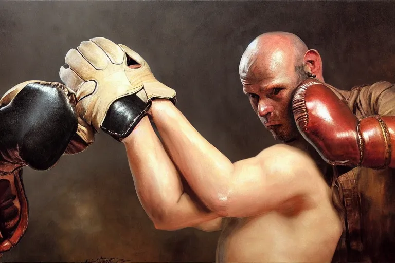 Prompt: portrait, realistic painting image about a steampunk boxer with electric boxing gloves, versus a humanoid pig. dramatic scene, horror, dramatic lighting realism, created by gustave courbet and michaelangelo, trending in artstation, fine art, smooth draw with oil painting.