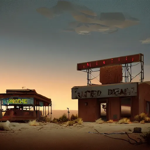 Prompt: abandoned diner in the desert by jon mccoy, sunset, cinematic, cinematic lighting, photorealistic, hyperdetailed 3 d matte painting, iridescent, deviantart, trending on artstation, concept art