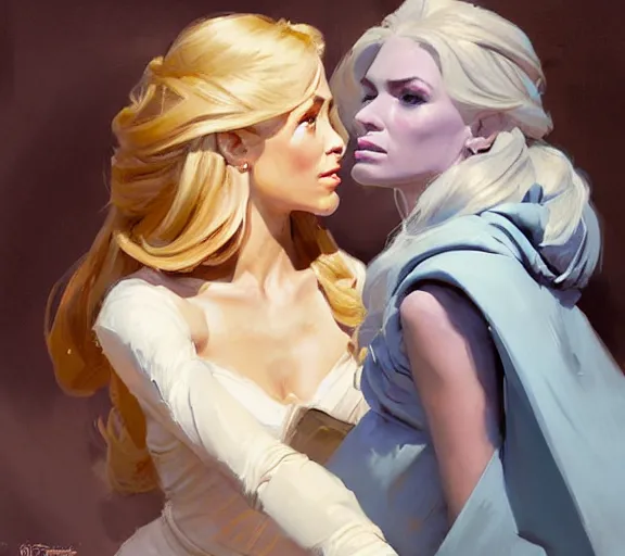 Image similar to greg manchess portrait painting of beautiful, princess d & d, fantasy, medium shot, asymmetrical, intricate, elegant, matte painting, illustration, hearthstone, by greg rutkowski, by greg tocchini, by james gilleard, by joe fenton, dynamic lighting, gradient light blue, brown, blonde cream and white color scheme, grunge aesthetic