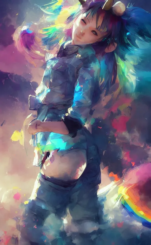 Image similar to a cute woman with rainbow hair dancing, kawaii shirt and jeans, kawaii chibi unicorn friend, In style of Yoji Shinkawa, wojtek fus, by Jordan Grimmer and greg rutkowski, concept art, highly detailed