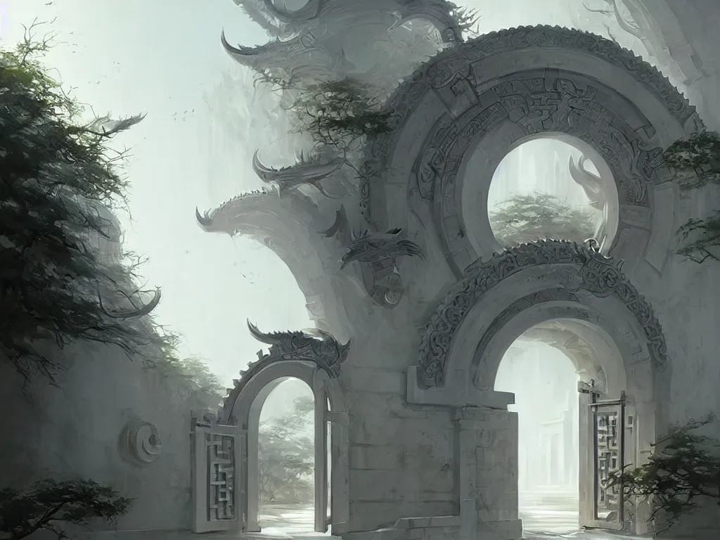 Image similar to circular gate in a white wall, leading to heaven. chinese architecture. fantasy. detailed. smooth. sharp focus. trending on artstation. artist greg rutkowski.