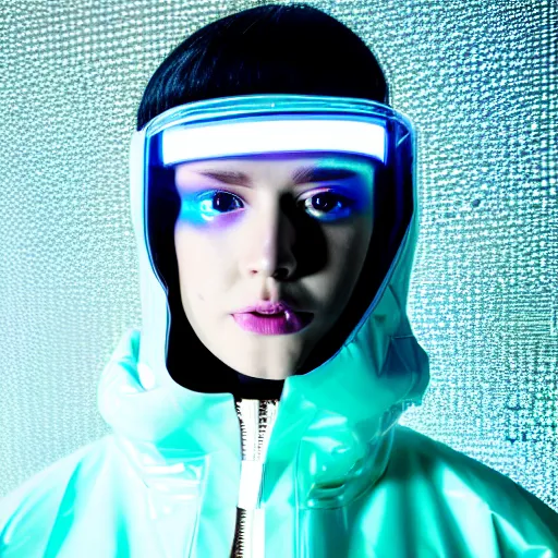 Prompt: an ultra high definition professional studio quality photograph of an artificial celebrity cyberpunk pop star wearing a transparent iridescent perspex pastel coloured face visor and matching raincoat on white coat hook in an empty white room. dramatic lighting. volumetric shadows. light rays