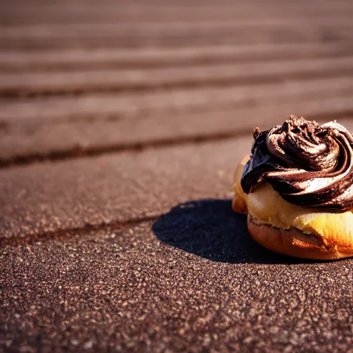 Prompt: A cream bun laying on the asphalt, it is completely covered in nutella. food photography, 8k resolution, incredible detail, sunset lighting.