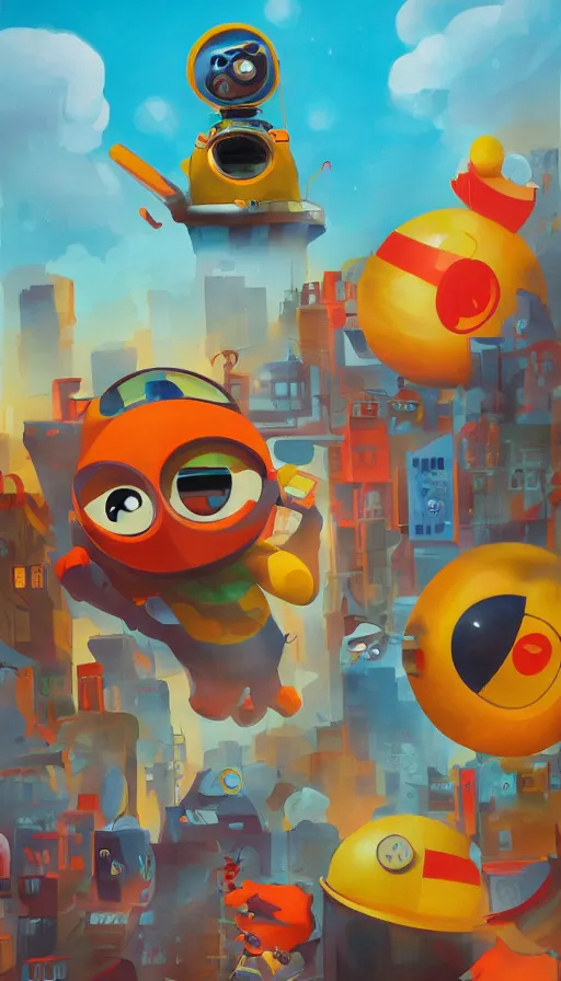 Image similar to painting of giant pororo attacking city, retrofuturism, behance, bold colors and shapes, trending on artstation