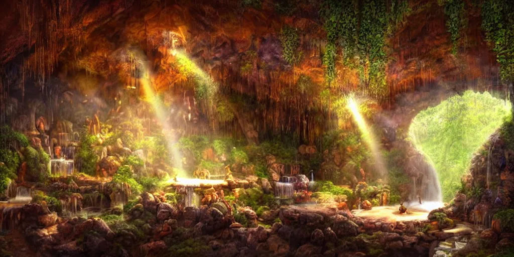 Image similar to detailed interior of cozy hotsprings hidden inside a cave, small waterfalls, lush vegetation, flowers, towels, plates of fruit, god rays, light shafts, stunning atmosphere, by gerald brom, cinematic lighting