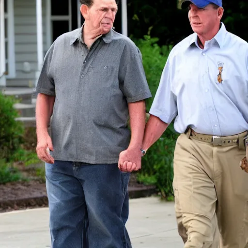 Prompt: Andy Griffith walking down the street, holding hands with George Zimmerman