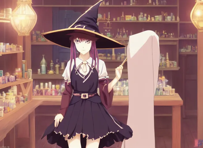 Prompt: anime visual, portrait of a young female wearing a witch hat in a alchemist's potion shop interior, cute face by katsura masakazu and yoh yoshinari,, cinematic luts, dynamic pose, dynamic perspective, strong silhouette, anime cels, ilya kuvshinov, crisp and sharp, rounded eyes, moody, genshin impact colors and costumes