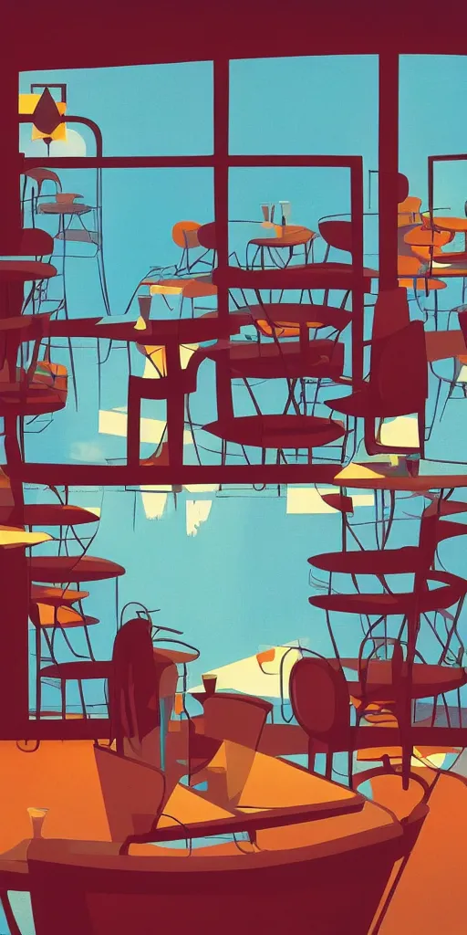 Image similar to cafe interior view, animated film, stylised, illustration, by eyvind earle, scott wills, genndy tartakovski