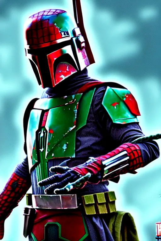 Image similar to boba fett mixed with spiderman, digital art, movie still from thor ragnarok, insane detail