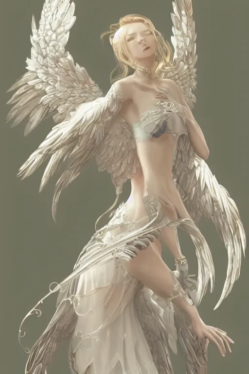 Prompt: beautiful maiden with angelic wings, intricate, elegant, highly detailed, artstation, concept art, illustration, art by Yoshitaka Amano, Sakimichan, Kuvshinov Ilya, tsuaii