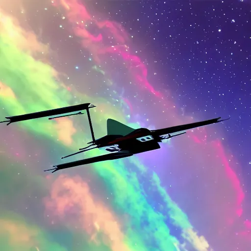 Prompt: realistic plane flying through deep space rainbow hyperspace 4k