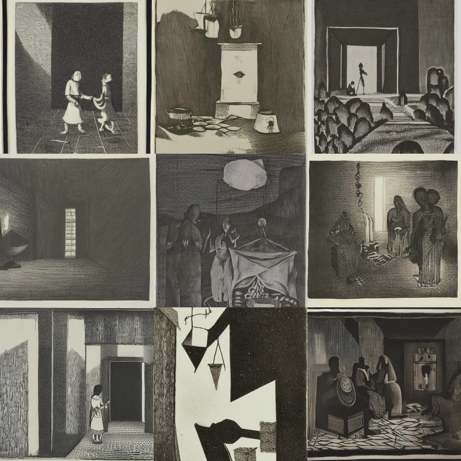 Prompt: a magical ethnographic object in a white room / black / engraving / aquatint