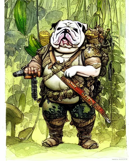 Image similar to a realistic and atmospheric watercolour fantasy character concept art portrait of a fat adorable chibi bulldog soldier with body armor in the jungle, by rebecca guay, michael kaluta, charles vess and jean moebius giraud