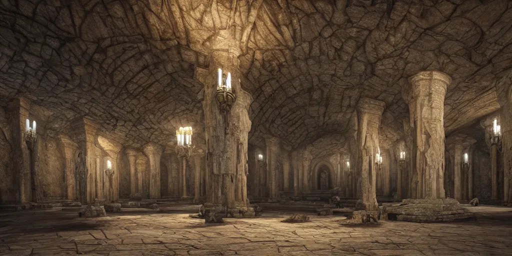 Prompt: The Great Hall of Moria underground city by John Howe, gigantic pillars, sconces, intricate details, intricate stone carvings, Tolkien, unreal engine, octane render, trending on cgsociety, trending on artstation, epic, grandiose, awe inspiring, dwarven architecture, inlaid with gold