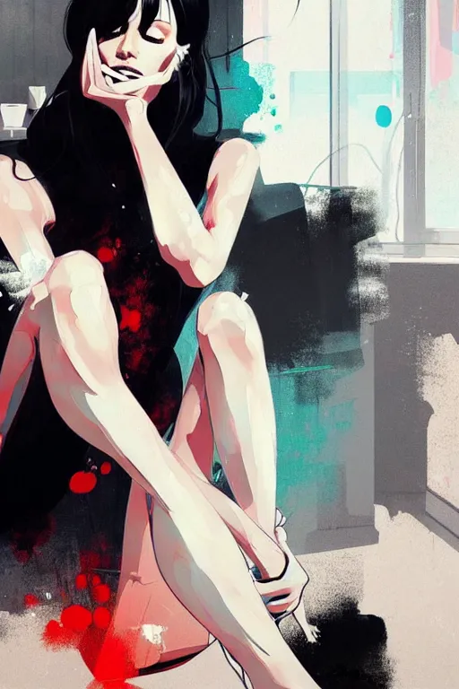 Image similar to a ultradetailed beautiful panting of a stylish woman sitting in a messy apartment, by conrad roset, greg rutkowski and makoto shinkai, trending on artstation