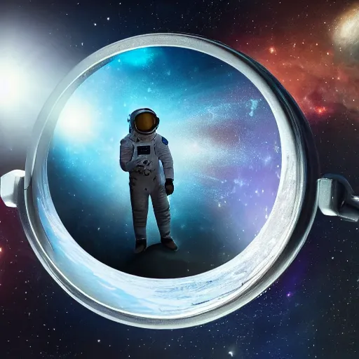 Image similar to portrait an astronaut looking into a mirror made of the Cosmos , subject in the center of the frame, wide angle shot, diffuse lighting, fantasy, intricate, elegant, highly detailed, lifelike, photorealistic, digital painting, illustration, concept art, smooth, sharp focus