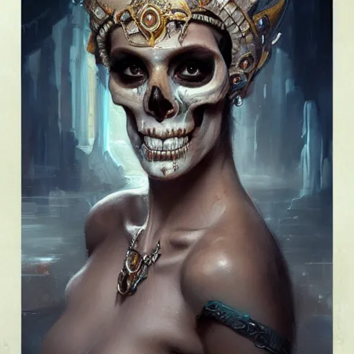 Image similar to a beautiful portrait of a skull goddess by Greg Rutkowski and Raymond Swanland, Trending on Artstation, ultra realistic digital art