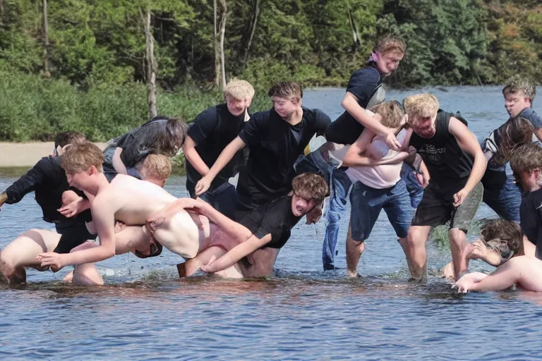 Prompt: Group of teenagers push rolls roys into lake from small slide