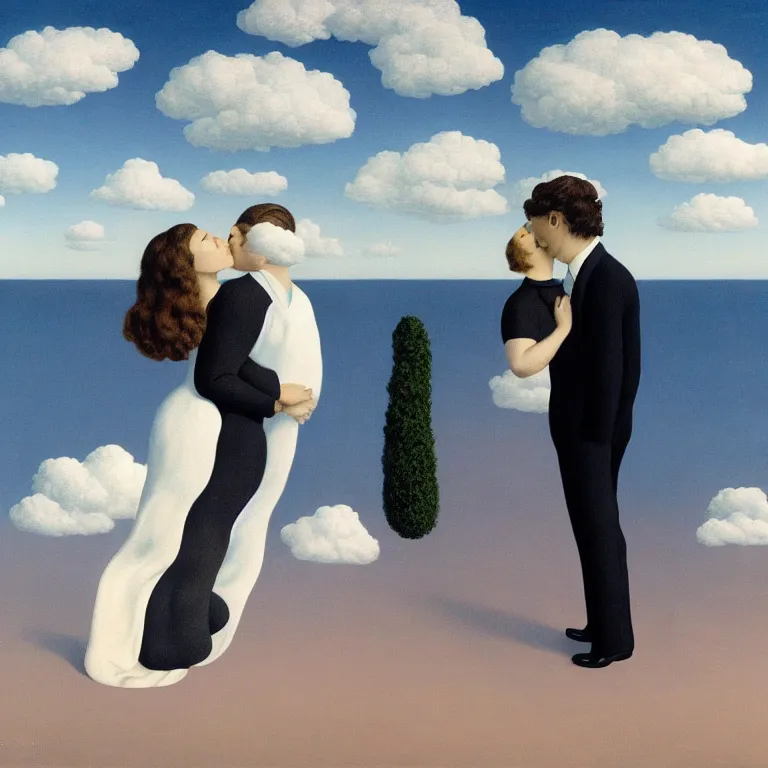 Image similar to porait of faceless woman and faceless man kissing, clouds in the background, by rene magritte, detailed painting, distance, centered, hd, hq, high resolution, high detail, 4 k, 8 k