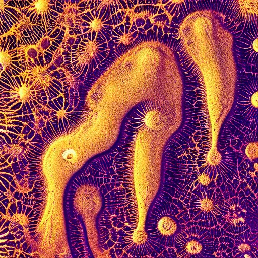 Image similar to the pseudopodia of two cells interacting. a microscopic photo by earnst haeckel. polycount shutterstock contest winner, art nouveau, nuclear art, microbiology, neoplasticism. biomorphic, creative commons, fractalism, minimalist macro photography, photoillustration, dye - transfer, sabattier filter.