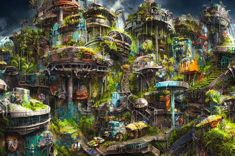 Prompt: sci - fi favela sculpture, fantasy jungle environment, industrial factory, cliffs, sunny, milky way, award winning art, epic dreamlike fantasy landscape, ultra realistic,