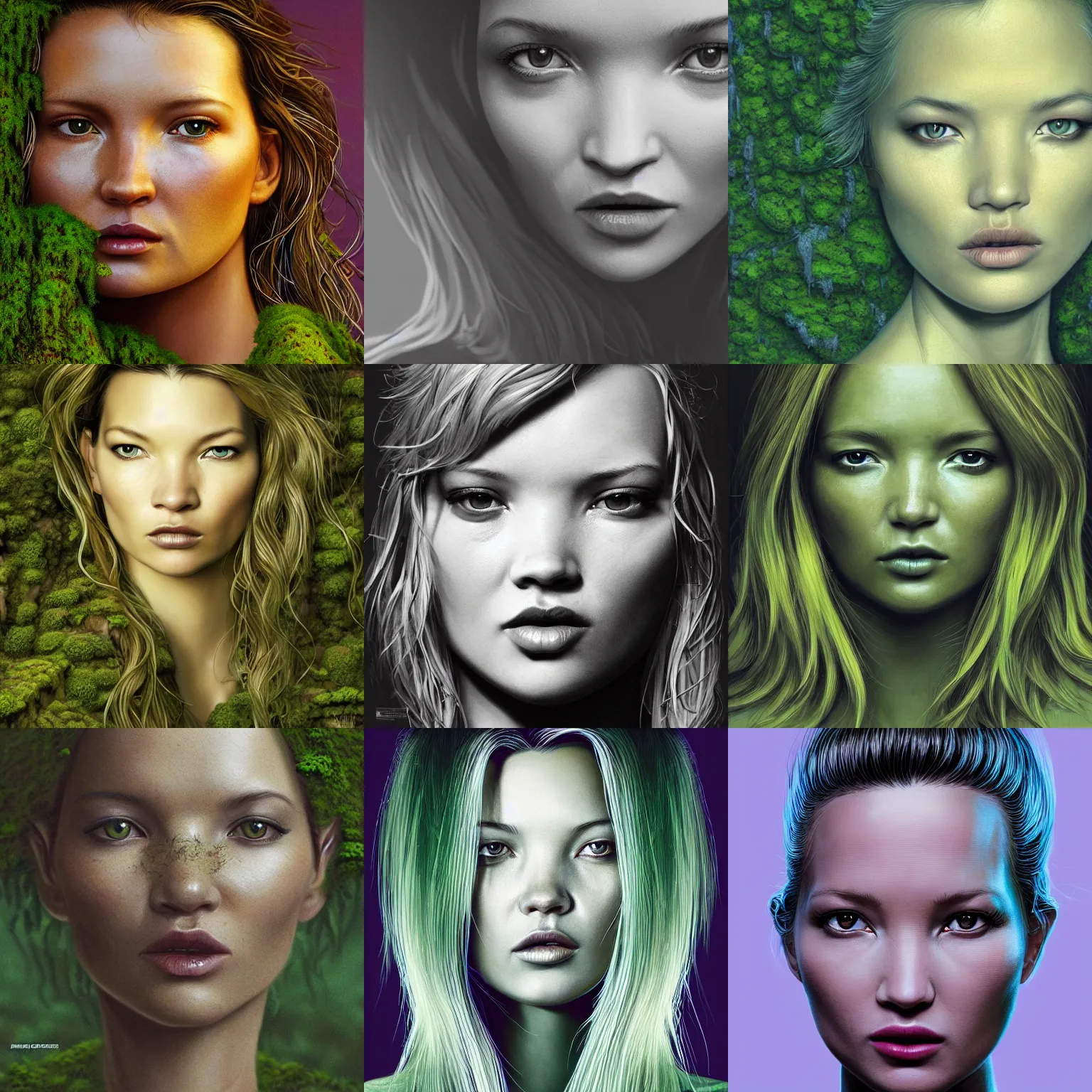 Prompt: portrait isometric drawing, printerest, close-up moss growing tropical kate moss like a mossy garden, face of kate moss, intricate, epic lighting, cinematic composition, hyper realistic, 8k resolution, unreal engine 5, by Artgerm, tooth wu, dan mumford, beeple, wlop, rossdraws, James Jean, Andrei Riabovitchev, Marc Simonetti, yoshitaka Amano, Artstation