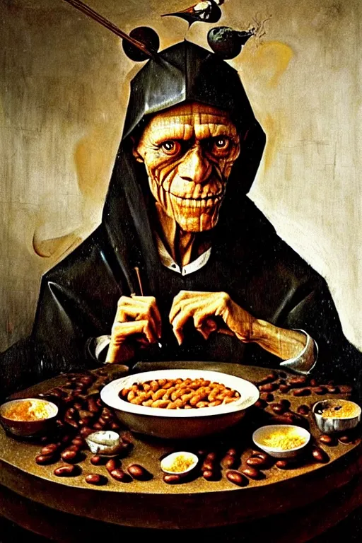 Image similar to hieronymus bosch, greg rutkowski, anna podedworna, painting of willem dafoe eating baked beans and eggs