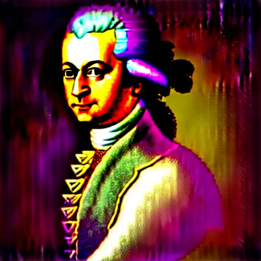 Image similar to a photo of wolfgang amadeus mozart on a rave. he sweats a lot because the club is poorly ventilated, but he still has a great time. club photography, smartphone photography.