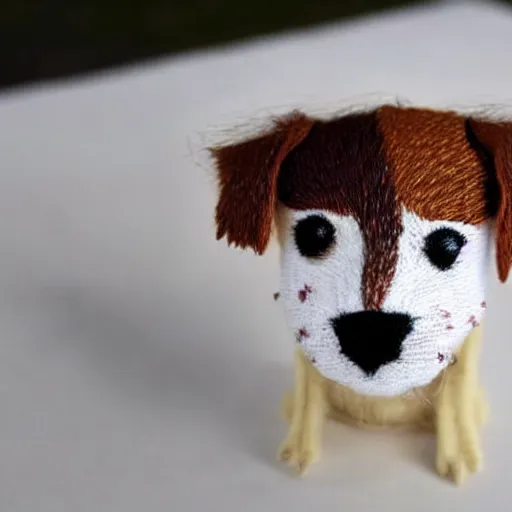 Image similar to a tiny beautiful handmade embroidery of a cute long haired jack russell terrier puppy, white with brown spots and patches over both eyes. hand embroidery.