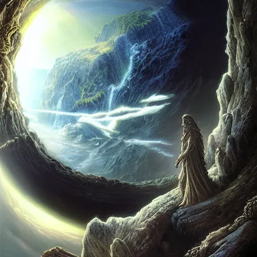 Image similar to hollow earth incredible ethereality insane hyperrealism photo - realistic lifelike photography detail incredible beautiful hollow earth scenery and landscapes, huge opening in the sky with stairs leading to it, by gustave dore and james gurney artstation 8 k