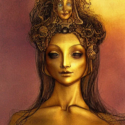 Prompt: brass woman, golden hour, illustration by Brian Froud and John Bauer, black lineart