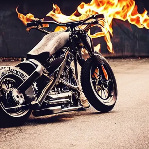 Image similar to skeleton harley davidson with fire and flames, dark, scary