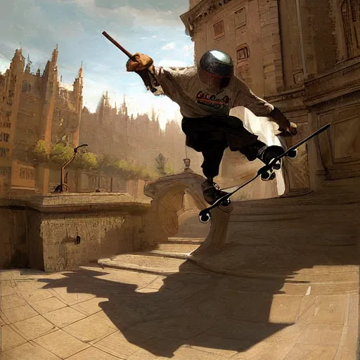 Image similar to skateboarder knight tricks painting dynamic very very detailed by hubert robert balanced cinematic