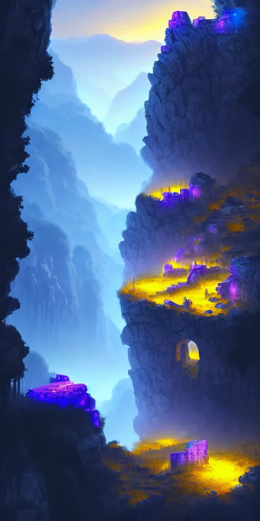 Image similar to Gorge in the mountain, white stone temple ruins, night dramatic lighting, blue, yellow and purple tones, wide camera angle, matte painting, trending on ArtStation, concept art, delightful surroundings, high detail, sharp contrast, picturesque