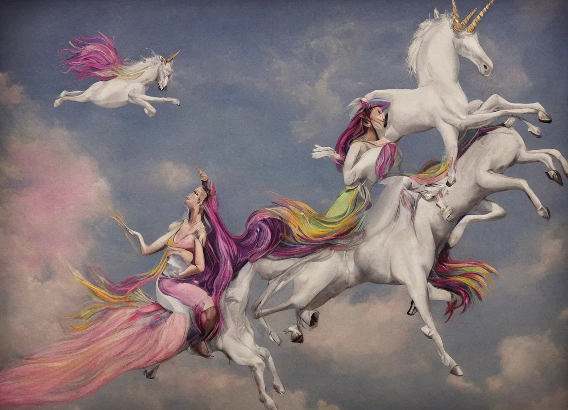 Prompt: woman riding a flying unicorn