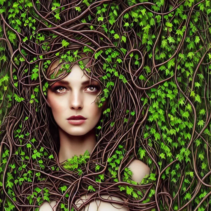 Prompt: beautiful nature goddess portrait, half robot, entwined in vines, branches and ivy, dark forest theme, sci - fi, highly detailed, elegant, hyper - realistic