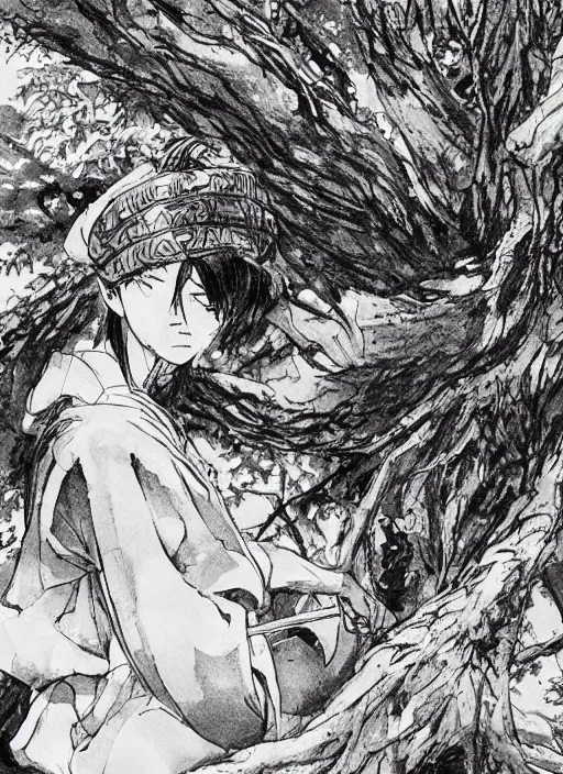 Prompt: a samurai resting beneath a giant tree, by takehiko inoue and kim jung gi and hiroya oku, masterpiece ink illustration, realistic face and anatomy
