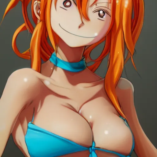 Image similar to anime portrait of Nami from One Piece as an anime girl, cute smile, orange bikini, by Stanley Artgerm Lau, WLOP, Rossdraws, James Jean, Andrei Riabovitchev, Marc Simonetti, and Sakimichan, trending on artstation