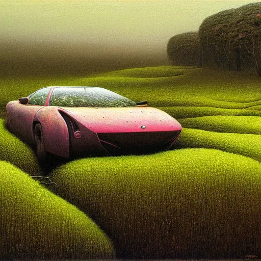 Image similar to hyper realistic painting of an abandoned Supercar covered with moss, an Australian summer landscape, by Zdzislaw Beksinski