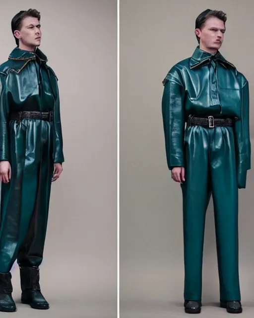 Prompt: an award - winning editorial photo of a teal extremely baggy cropped short ancient medieval designer menswear leather police jacket with an oversized large collar and baggy bootcut trousers designed by alexander mcqueen, 4 k, studio lighting, wide angle lens