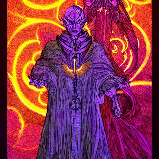 Prompt: psychedelic glowing cleric casting holy divine yellow spell , in the style of Greg Broadmore and junji ito and Arthur Rackham and Moebius, trending on artstation, light lighting side view,digital art,surrealism ,macro,blueprint ,vaporwave ,