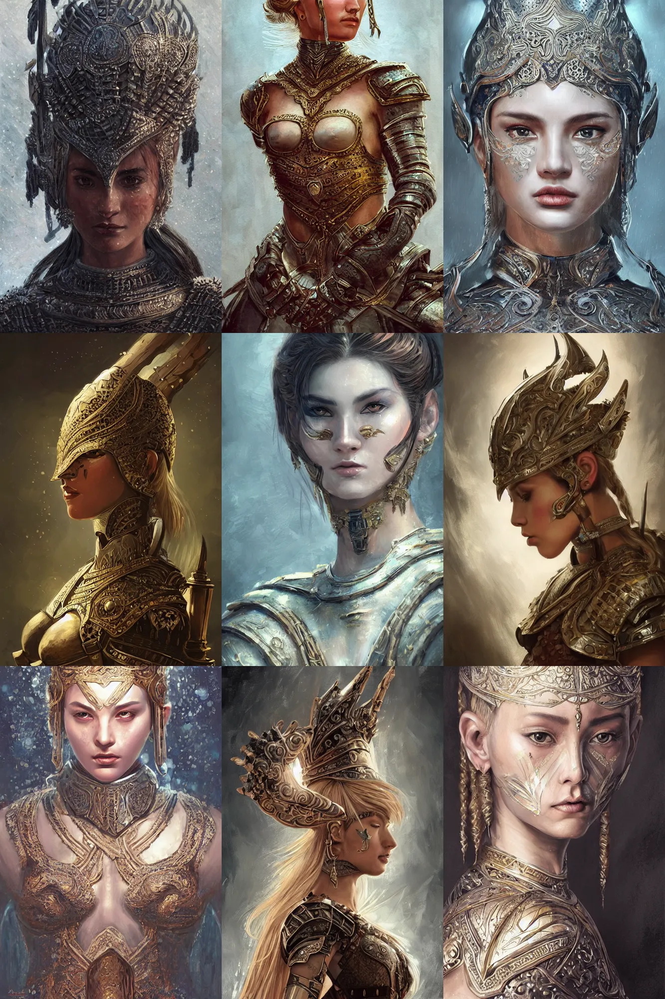 Prompt: female warrior, lovely delicate face, beautiful woman, close - up shots of faces, oil painting, intricate armour costumes, light and shadow effects, intricate, digital painting, art station, concept art, cold tones, sharp focus, morandi color scheme, sharply shaped, illustration, 4 k wallpaper, masterpiece, gorgeous, art by reiq, art byilya kuvshinov