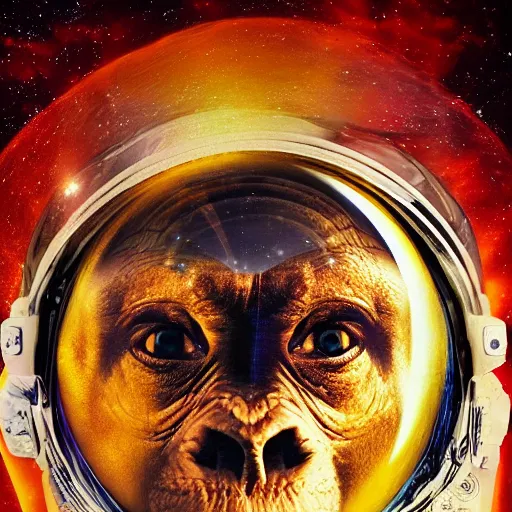 Image similar to double exposure portrait of astronaut and a chimpanzee astronaut with space and time in the the background by davinci, circles, psychedelic, pencil art, high definition, dynamic lighting stars, sharpness, golden ratio