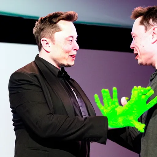 Prompt: Elon Musk shaking hands with an extraterrestrial alien with green skin, black eyes, and a sharp teeth, artistic photography, photorealistic