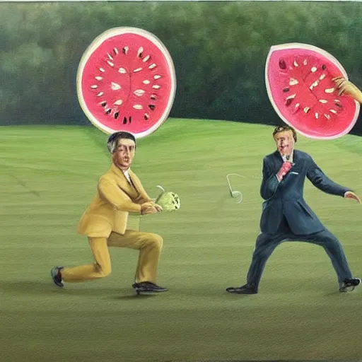 Image similar to A hyper realistic painting of old times politicians with wigs, playing American football with a watermelon on a golf course. Award winning, 4K