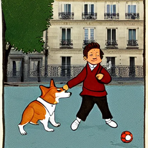 Image similar to book illustration of a french boy on the streets of paris playing football against a corgi, the dog is wearing a polka dot scarf, 1 9 6 6