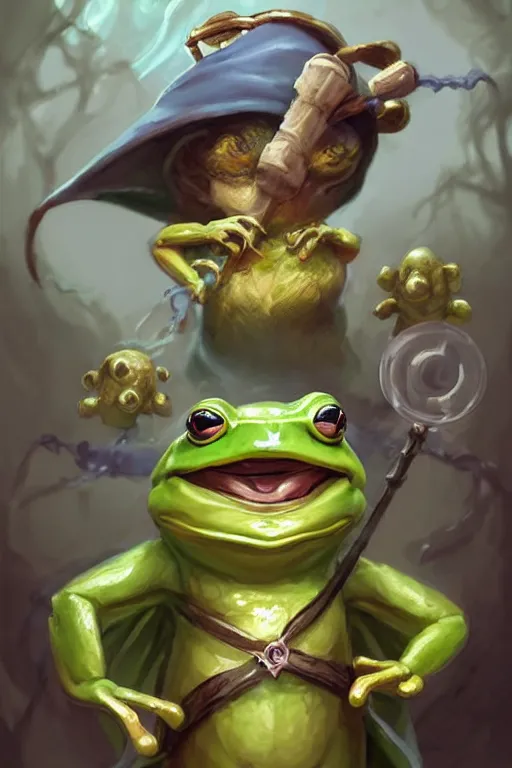 Prompt: cute little anthropomorphic frog wizard wearing a cape and holding a wand, tiny, small, miniature , baby animal, short, pale blue armor, cute and adorable, pretty, beautiful, DnD character art portrait, matte fantasy painting, DeviantArt Artstation, by Jason Felix by Steve Argyle by Tyler Jacobson by Peter Mohrbacher, cinematic lighting