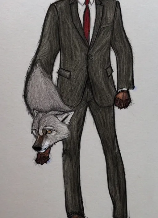 Image similar to master furry artist colored pencil drawing full body portrait character study of the anthro male anthropomorphic wolf fursona animal person detective wearing suit and tie new york city street