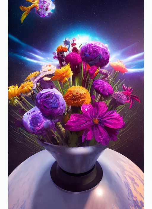 Image similar to An epic fantastic realism comic book style painting of the most beautiful flowers launched into space, bouquets, fisheye lens, unreal 5, DAZ, hyperrealistic, stars in the night sky, octane render, dynamic lighting